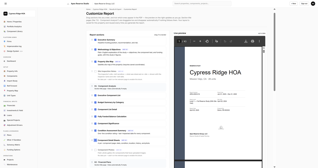 Customize Report page: draggable section list on the left with on/off toggles, live PDF preview on the right