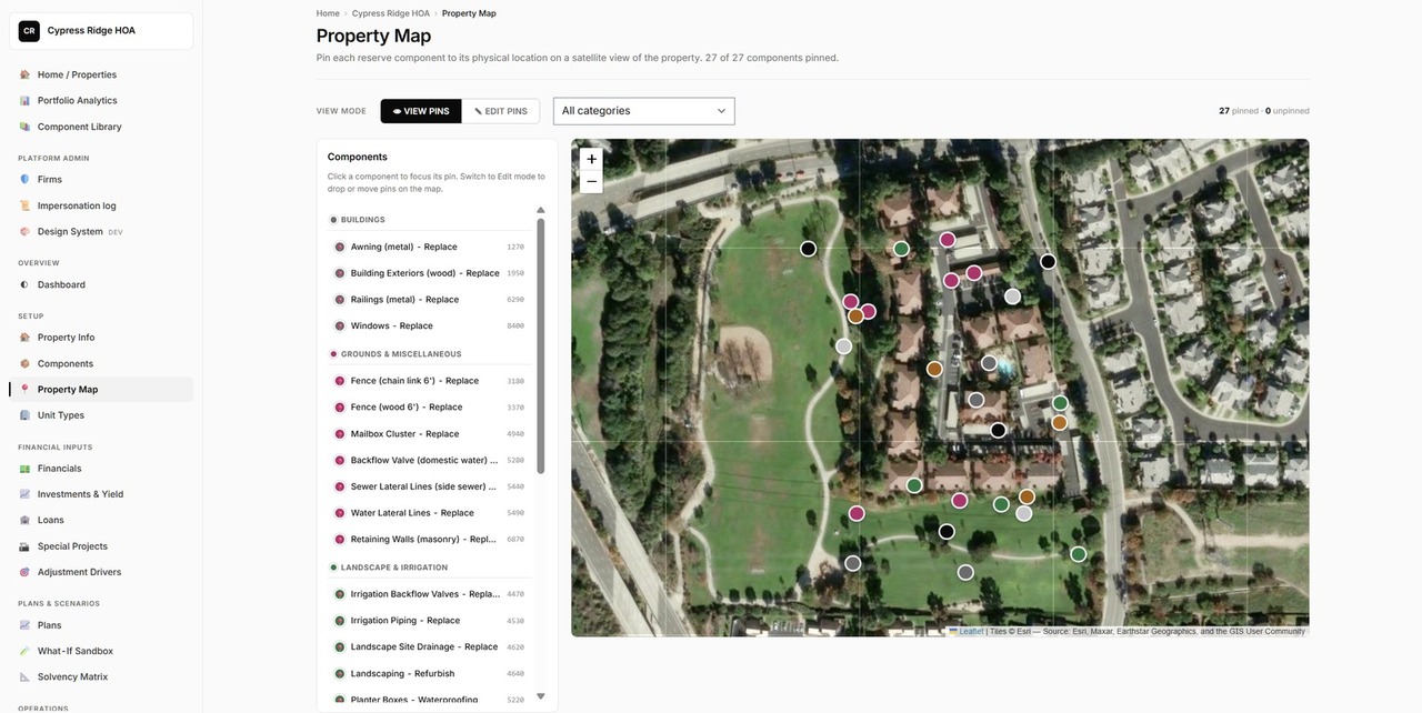 Property map with category-colored pins on satellite imagery